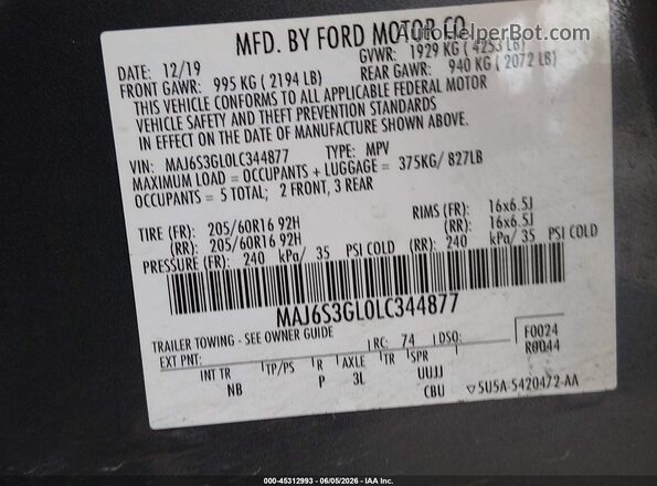MAJ6S3GL0LC344877 2020 FORD ECOSPORT Gray Engine compartment view