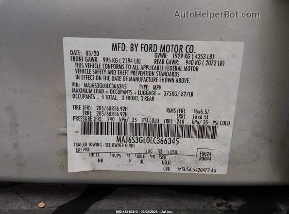 MAJ6S3GL0LC366345 2020 FORD ECOSPORT Silver Vista del compartimento del motor