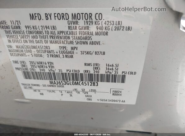 MAJ6S3GL0MC451283 2021 FORD ECOSPORT Silver ძრავის განყოფილების ხედი