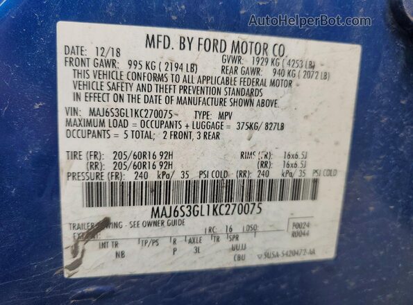 MAJ6S3GL1KC270075 2019 FORD ECOSPORT Blue 