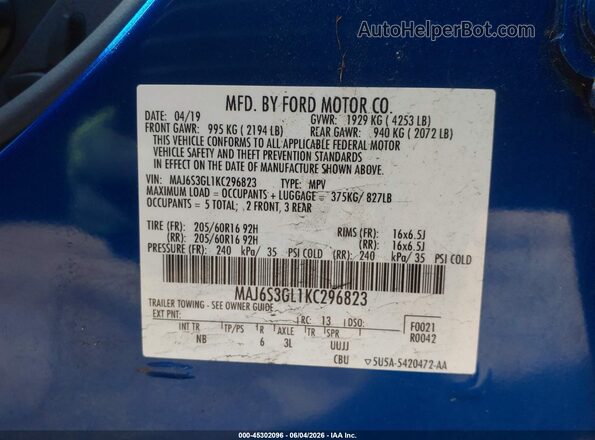 MAJ6S3GL1KC296823 2019 FORD ECOSPORT Blue ძრავის განყოფილების ხედი