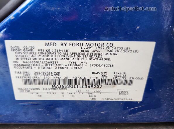 MAJ6S3GL1LC369237 2020 FORD ECOSPORT Blue VIN sticker view