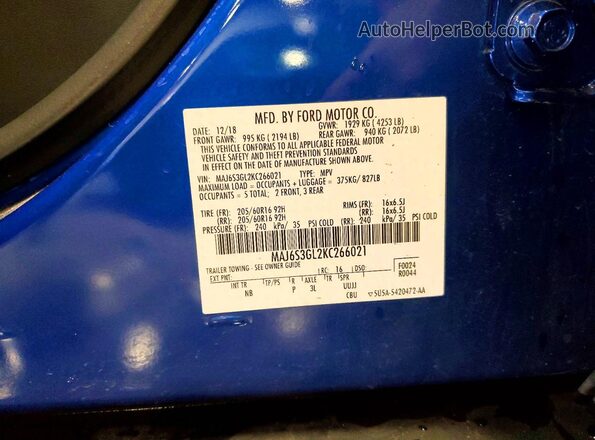 MAJ6S3GL2KC266021 2019 FORD ECOSPORT Blue 360 interior view