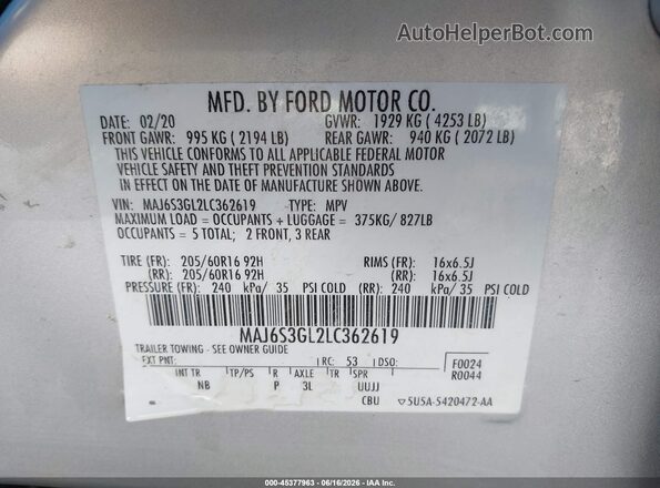 MAJ6S3GL2LC362619 2020 FORD ECOSPORT Silver Vista del compartimento del motor