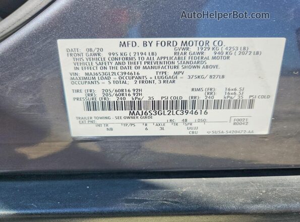 MAJ6S3GL2LC394616 2020 FORD ECOSPORT Gray 