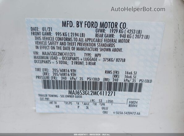MAJ6S3GL2MC411271 2021 FORD ECOSPORT White Вид підкапотного простору