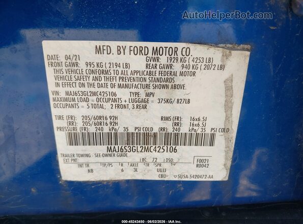 MAJ6S3GL2MC425106 2021 FORD ECOSPORT Blue Vista del compartimento del motor