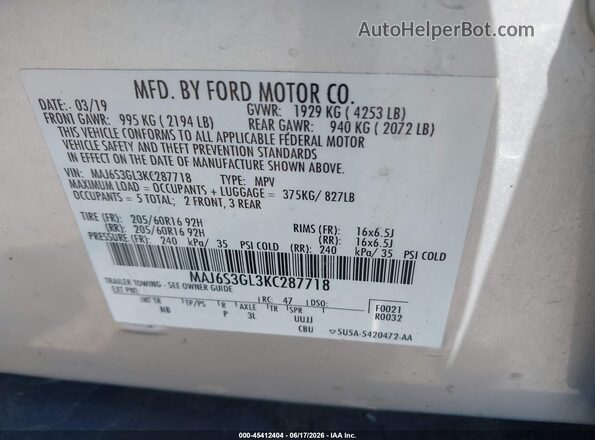 MAJ6S3GL3KC287718 2019 FORD ECOSPORT Silver 