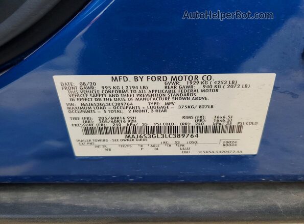MAJ6S3GL3LC389764 2020 FORD ECOSPORT Синий 