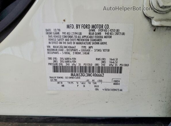 MAJ6S3GL3MC406662 2021 FORD ECOSPORT White Vista interior de 360 grados