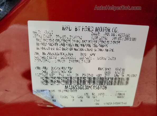 MAJ6S3GL3MC456106 2021 FORD ECOSPORT Burgundy VIN կոդի պիտակի տեսք