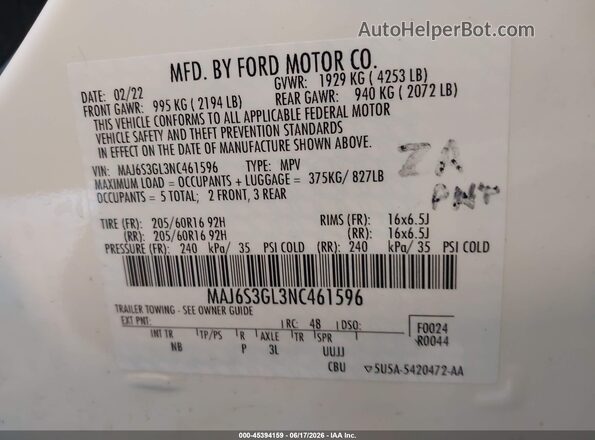 MAJ6S3GL3NC461596 2022 FORD ECOSPORT White Widok komory silnika