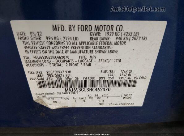 MAJ6S3GL3NC462070 2022 FORD ECOSPORT Blue Вид підкапотного простору