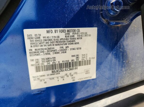 MAJ6S3GL4LC360144 2020 FORD ECOSPORT Blue ძრავის განყოფილების ხედი