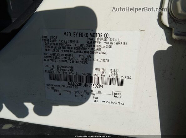 MAJ6S3GL4NC460294 2022 FORD ECOSPORT White Вид підкапотного простору