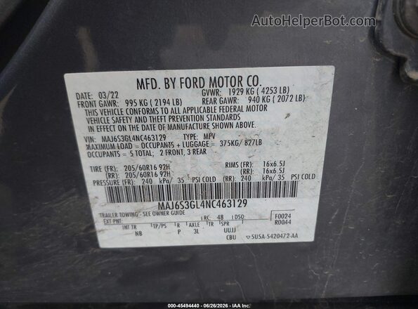 MAJ6S3GL4NC463129 2022 FORD ECOSPORT Gray Engine compartment view