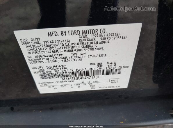 MAJ6S3GL4NC471781 2022 FORD ECOSPORT Black ძრავის განყოფილების ხედი