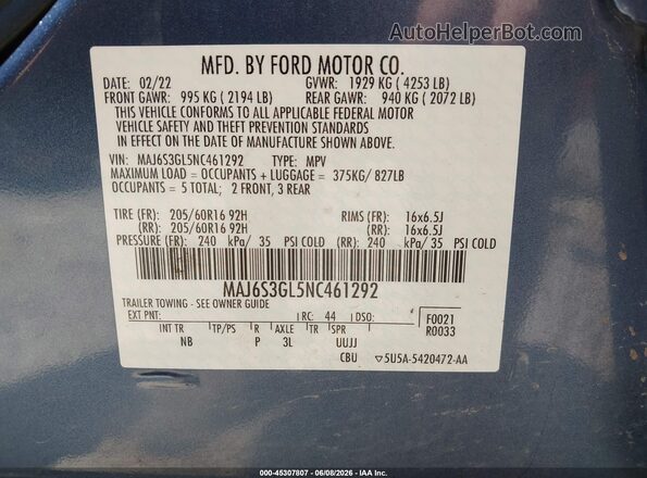 MAJ6S3GL5NC461292 2022 FORD ECOSPORT Blue Vista del compartimento del motor