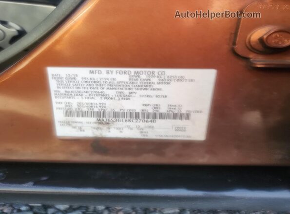 MAJ6S3GL6KC270640 2019 FORD ECOSPORT Brown VIN sticker view