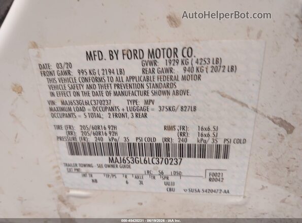 MAJ6S3GL6LC370237 2020 FORD ECOSPORT White ძრავის განყოფილების ხედი