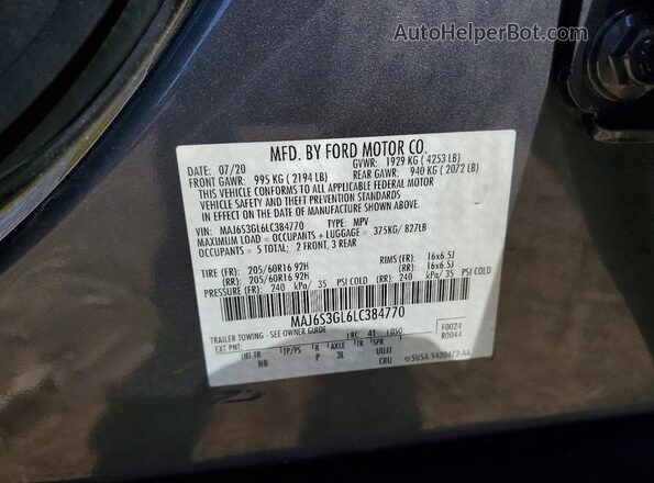 MAJ6S3GL6LC384770 2020 FORD ECOSPORT Gray Engine compartment view