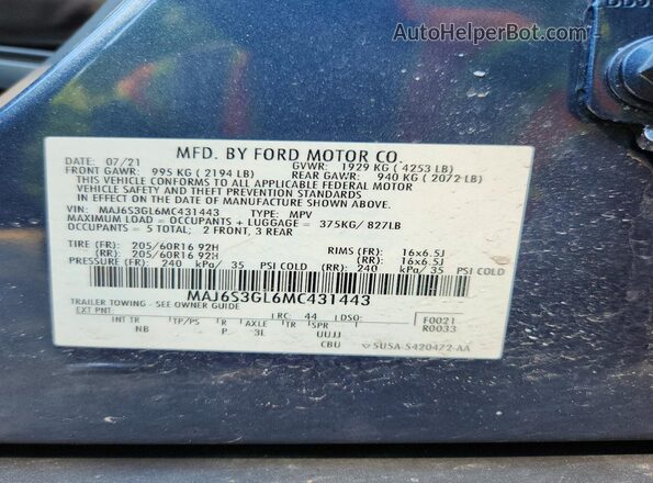 MAJ6S3GL6MC431443 2021 FORD ECOSPORT Синий Панорамный вид салона 360°