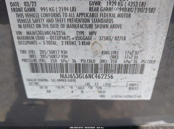 MAJ6S3GL6NC462256 2022 FORD ECOSPORT Gray Widok komory silnika