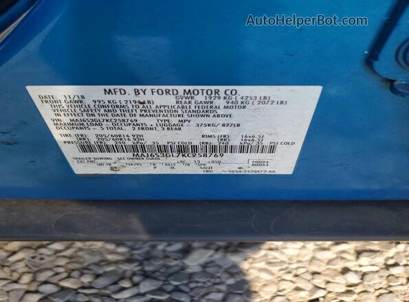 MAJ6S3GL7KC258769 2019 FORD ECOSPORT Blue VIN կոդի պիտակի տեսք