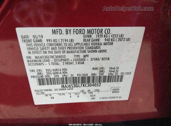 MAJ6S3GL7KC304052 2019 FORD ECOSPORT Red Engine compartment view