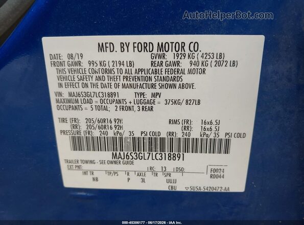 MAJ6S3GL7LC318891 2020 FORD ECOSPORT Blue 