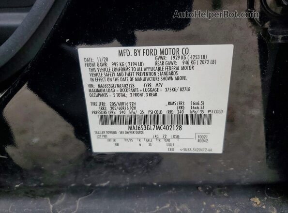 MAJ6S3GL7MC402128 2021 FORD ECOSPORT Черный Вид наклейки с VIN-кодом
