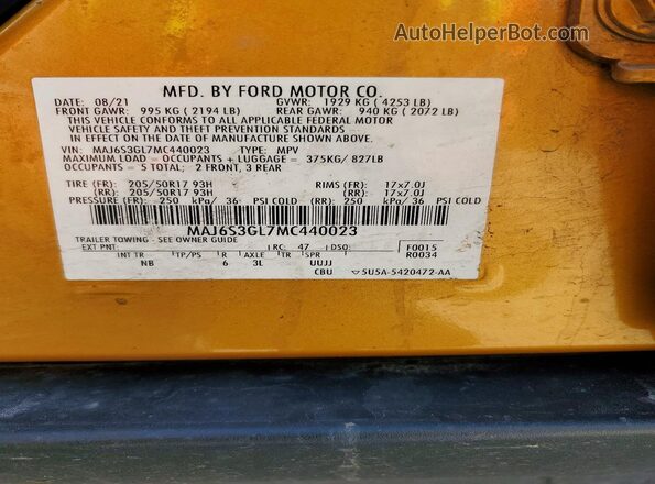 MAJ6S3GL7MC440023 2021 FORD ECOSPORT Gold 