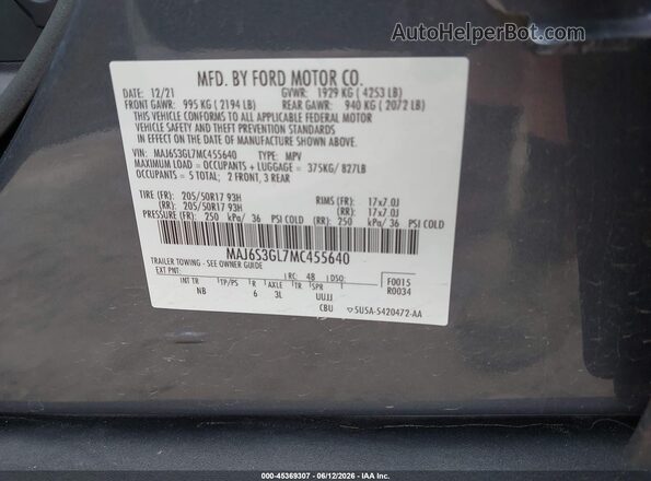 MAJ6S3GL7MC455640 2021 FORD ECOSPORT Gray Engine compartment view