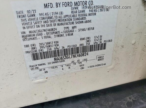 MAJ6S3GL7NC460824 2022 FORD ECOSPORT White VIN sticker view