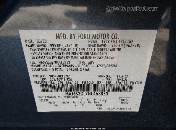 MAJ6S3GL7NC463853 2022 FORD ECOSPORT Blue Widok komory silnika