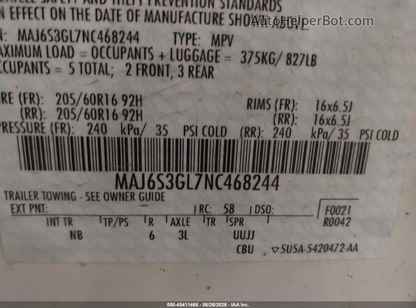 MAJ6S3GL7NC468244 2022 FORD ECOSPORT Белый Вид подкапотного пространства