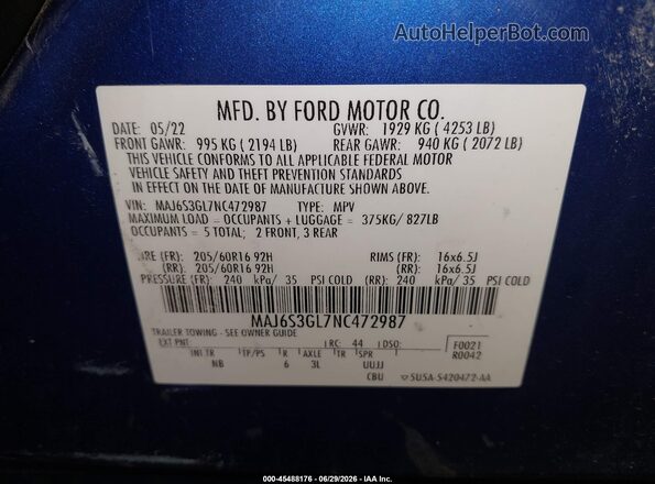 MAJ6S3GL7NC472987 2022 FORD ECOSPORT Blue Engine compartment view