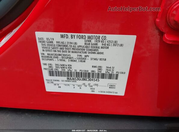 MAJ6S3GL8KC304545 2019 FORD ECOSPORT Red 
