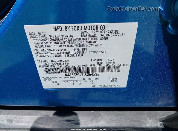 MAJ6S3GL8LC364536 2020 FORD ECOSPORT Синий Вид подкапотного пространства