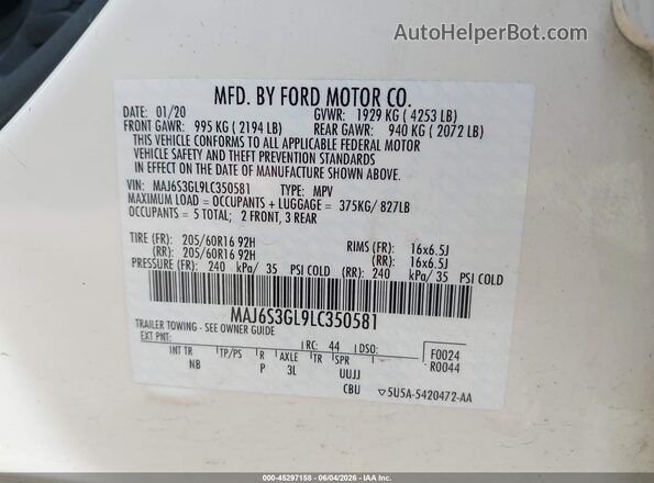 MAJ6S3GL9LC350581 2020 FORD ECOSPORT White ძრავის განყოფილების ხედი