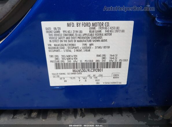 MAJ6S3GL9LC392801 2020 FORD ECOSPORT Blue Widok komory silnika