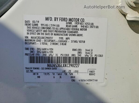 MAJ6S3GLXKC290227 2019 FORD ECOSPORT White 