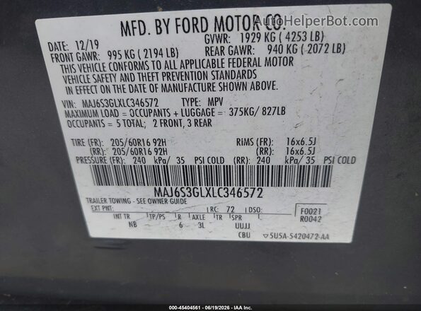 MAJ6S3GLXLC346572 2020 FORD ECOSPORT Серый Вид подкапотного пространства