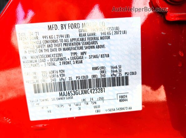 MAJ6S3GLXMC423281 2021 FORD ECOSPORT Red VIN կոդի պիտակի տեսք