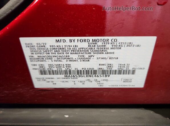 MAJ6S3GLXNC465189 2022 FORD ECOSPORT Красный Панорамный вид салона 360°