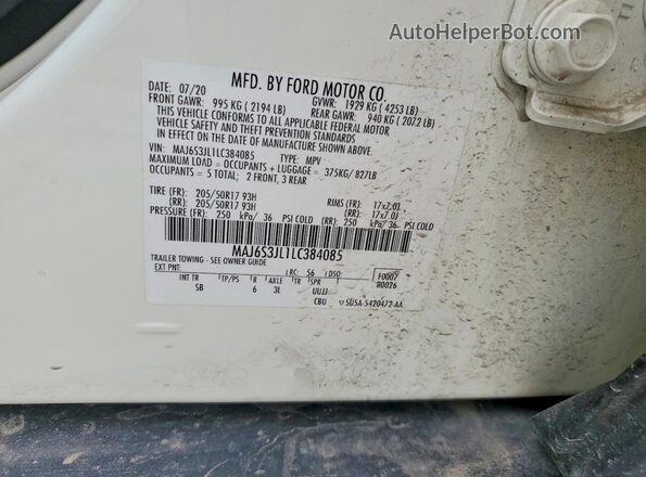 MAJ6S3JL1LC384085 2020 FORD ECOSPORT White Вид підкапотного простору