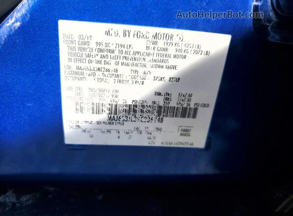 MAJ6S3JL3KC286948 2019 FORD ECOSPORT Blue Вид підкапотного простору