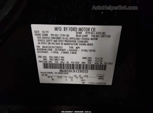 MAJ6S3JL3LC330352 2020 FORD ECOSPORT Black Շարժիչի բաժամունքի տեսք