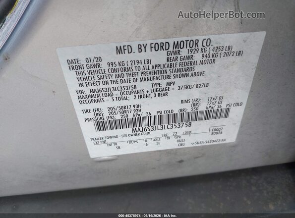 MAJ6S3JL3LC353758 2020 FORD ECOSPORT Silver 