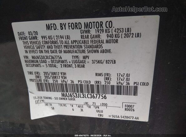 MAJ6S3JL3LC367756 2020 FORD ECOSPORT Серый Вид подкапотного пространства